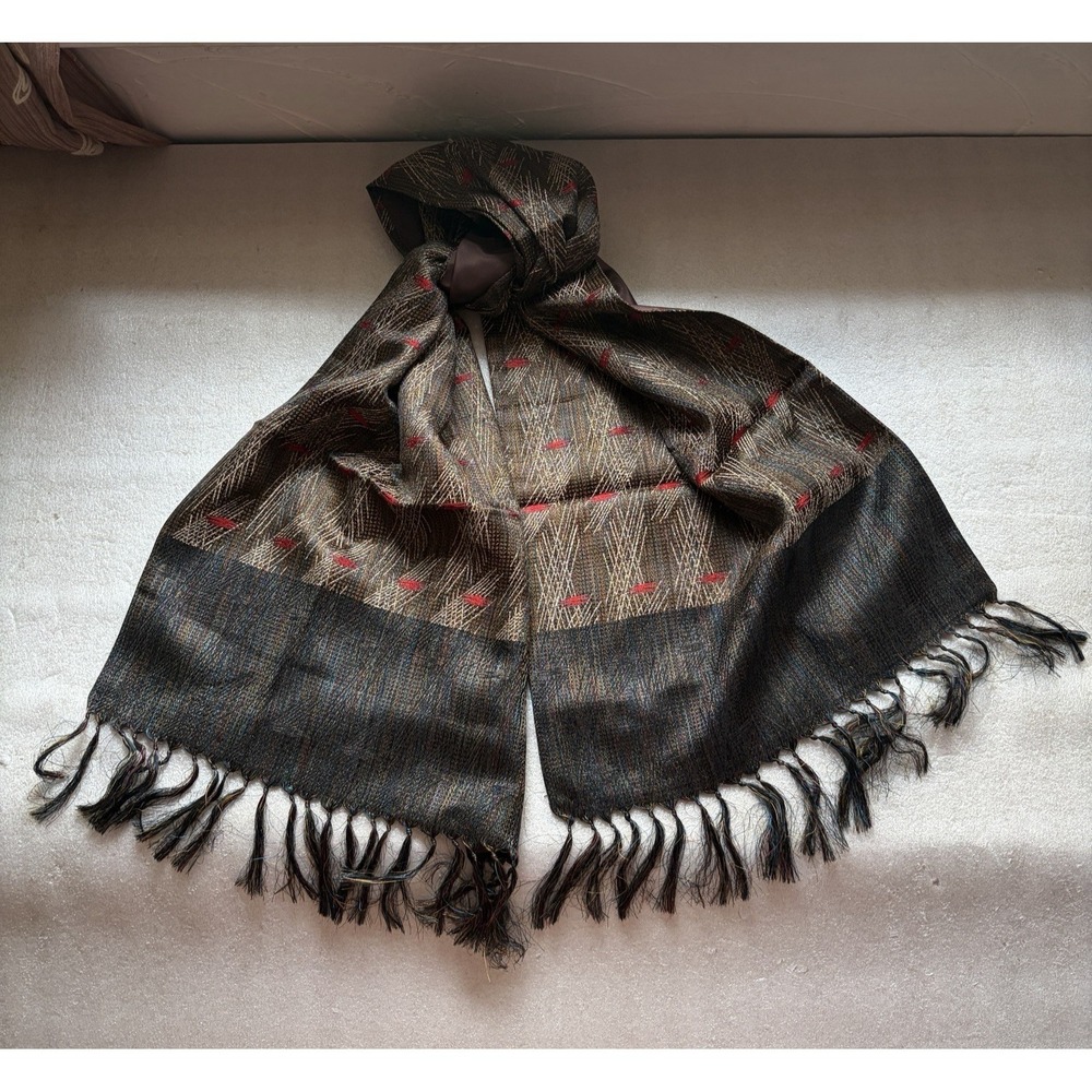 Ohmori Co Tokyo 100% Silk Scarf Brown Red Rectangle 11.5X28 Fringe Old Money - Picture 1 of 7